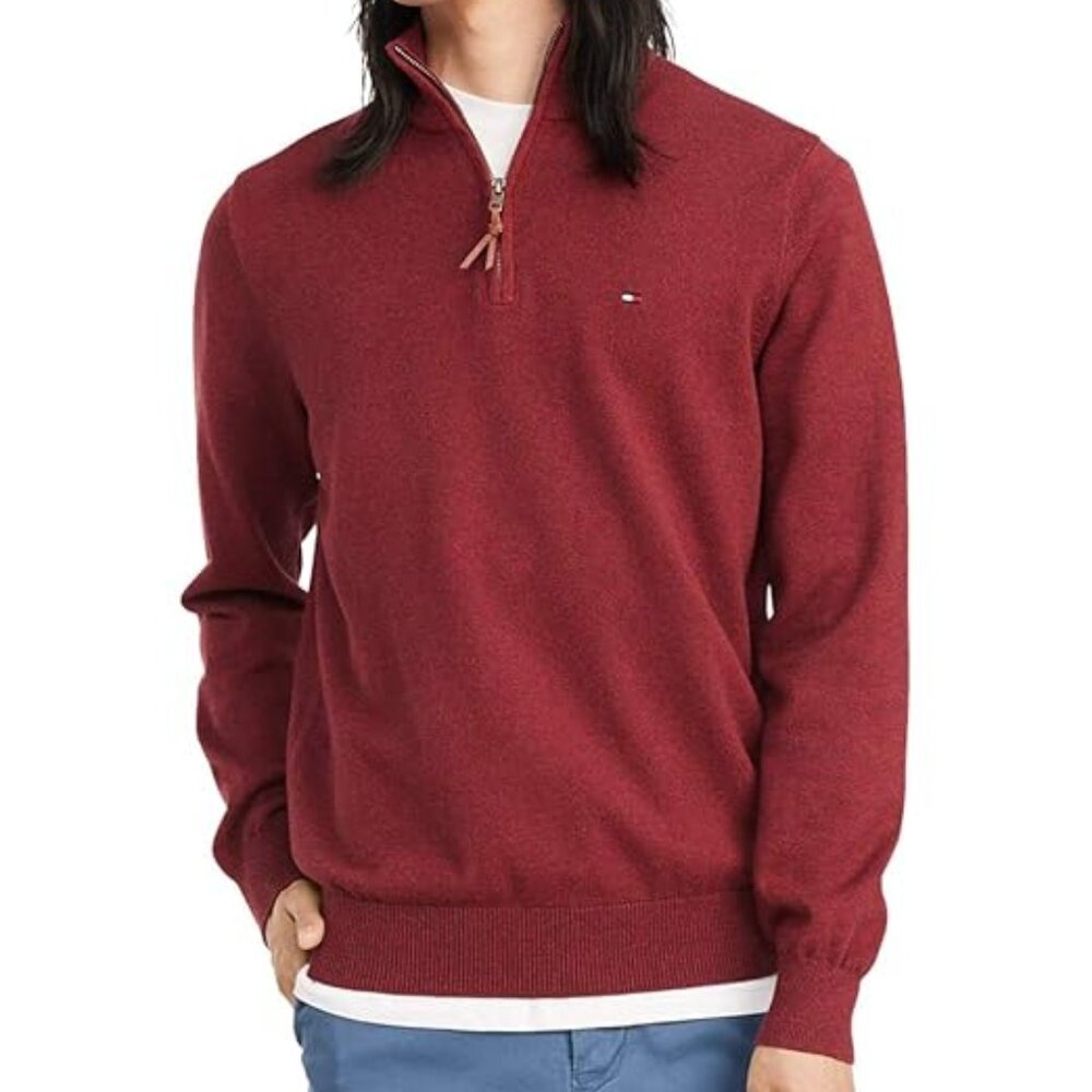 Tommy Hilfiger Sweater BOY Red 1/4 Zip Long Sleeve Pullover Stretch Sz L (16-18)